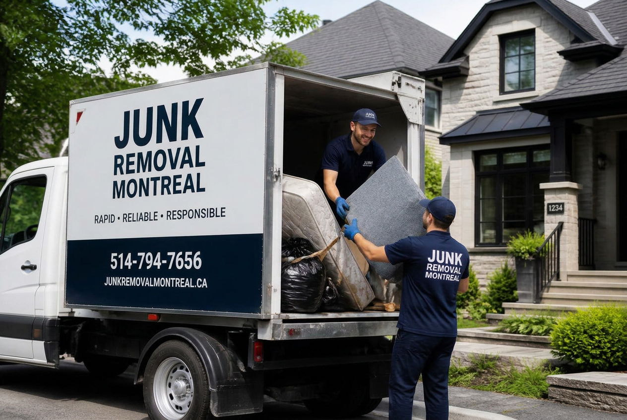 Deux employés en uniforme chargeant des meubles, sacs de déchets et matériaux de rénovation dans un camion de ramassage devant une maison à Montréal