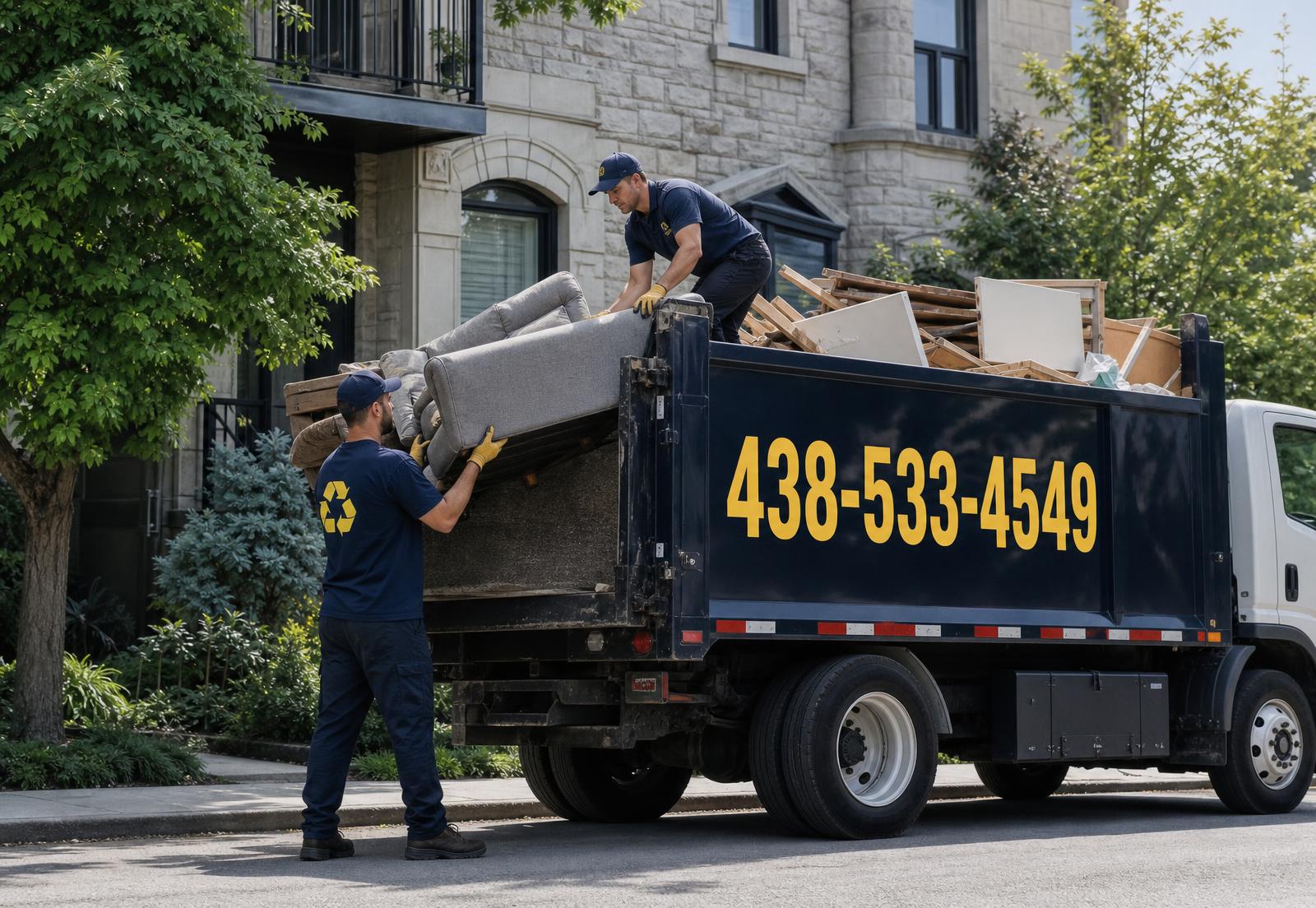 Deux employés en uniforme chargeant des meubles, sacs de déchets et matériaux de rénovation dans un camion de ramassage devant une maison à Montréal